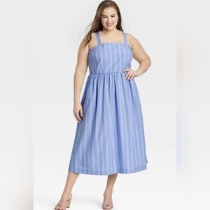 A New Day Women's Cotton Midi Summer Dress Blue White Striped Pockets Size XL